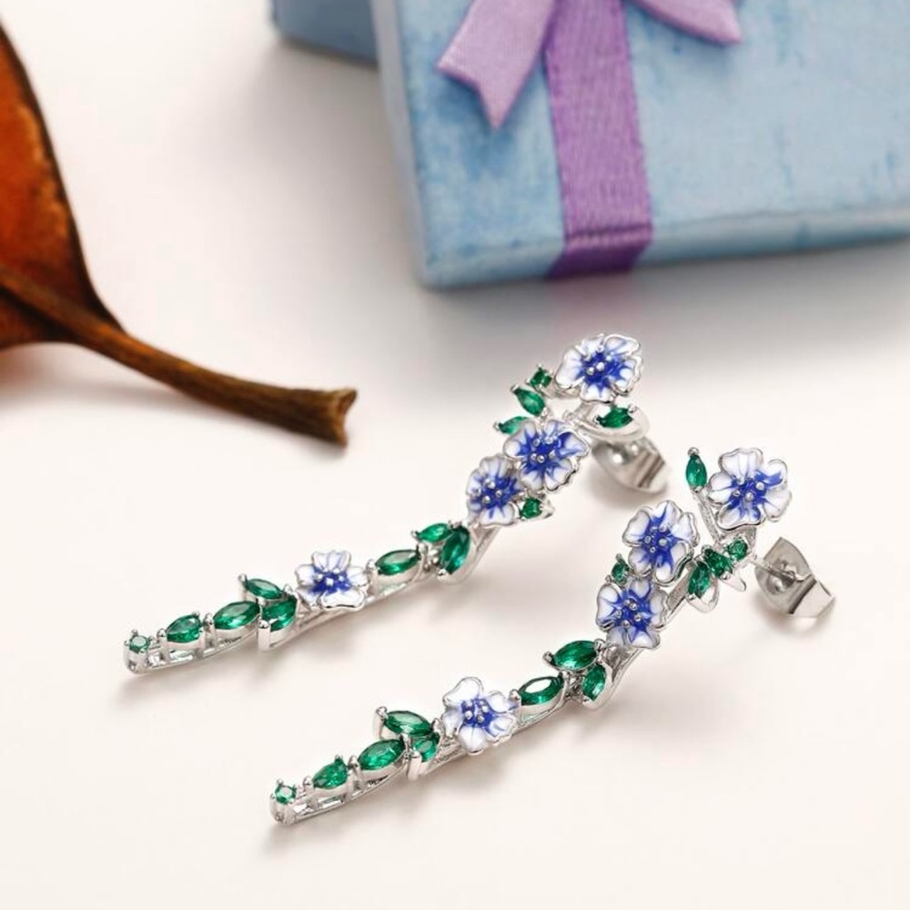 Floral Blue and Green Drop Earrings - Picture 4 of 5